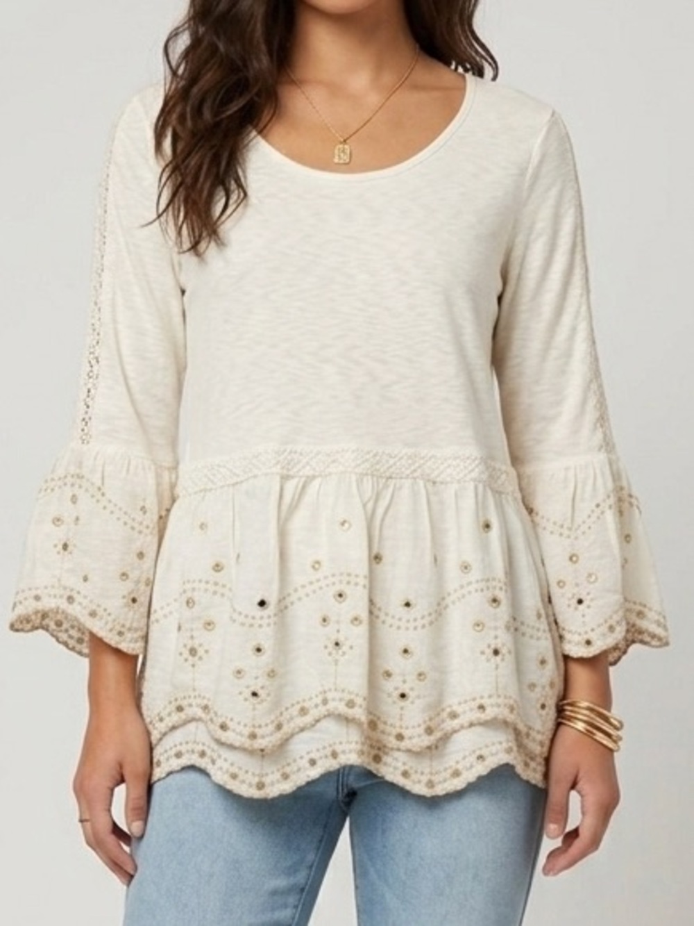 Style & Co Peplum Top Women PL Cream‎ Eyelet Embroidered Bell Sleeve Boho Petite
